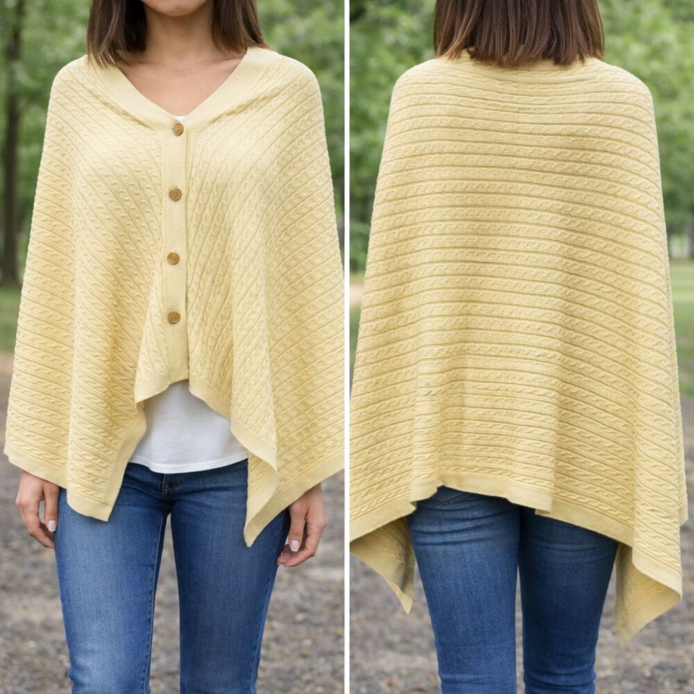 Top It Off Yellow Cotton Blend Knit Button Poncho Wrap Shawl